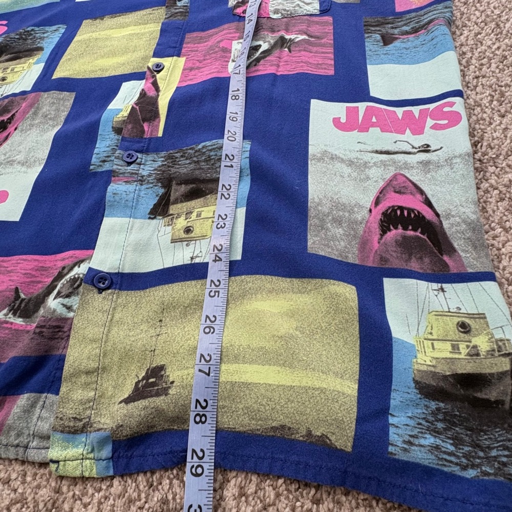Jaws Movie Shark Print Button Front Camp Shirt Blue Pink Mens LG Novelty Retro - Picture 9 of 9
